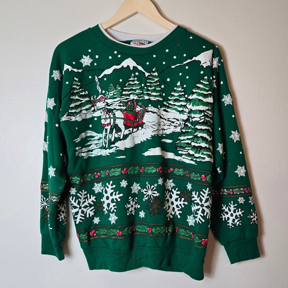 Vintage Nutcracker Christmas Sleigh Winter Scene Sweatshirt Green Medium‎ USA
